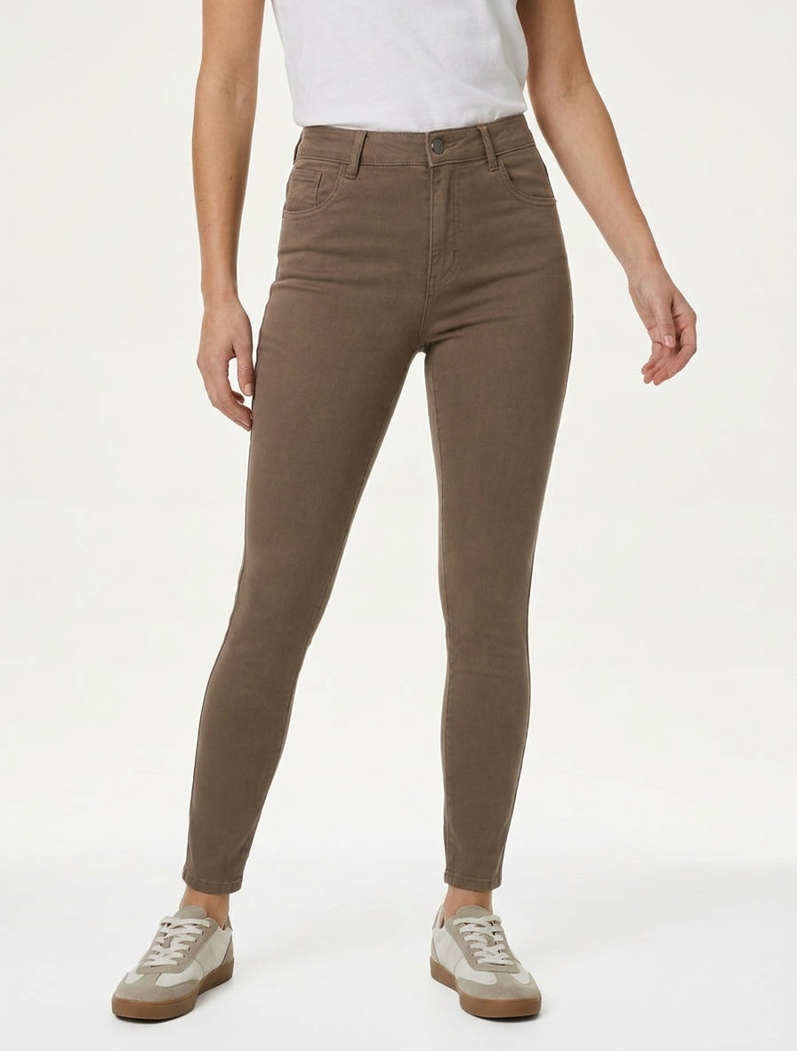 Jean slim taille haute 5 poches - Taupe foncé