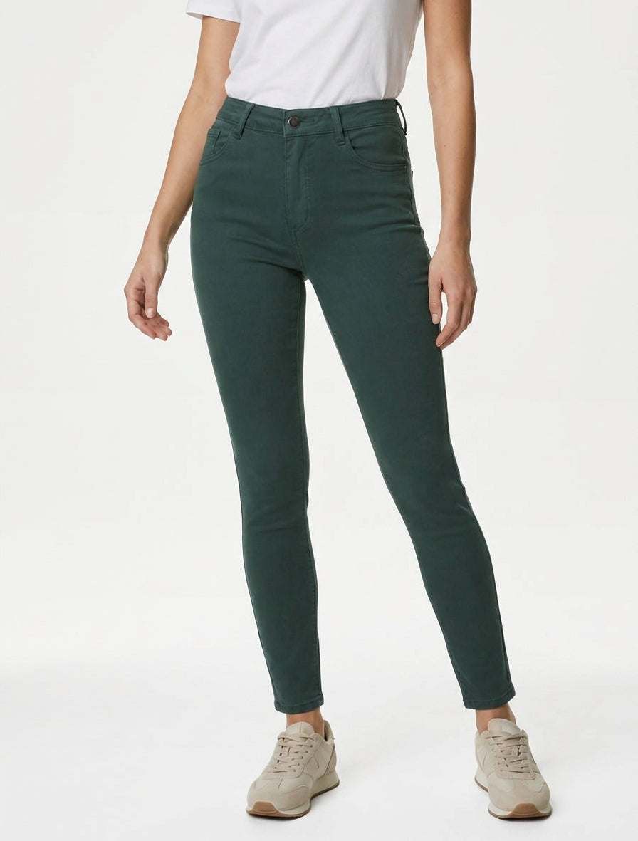 Jean slim taille haute 5 poches - Vert bouteille