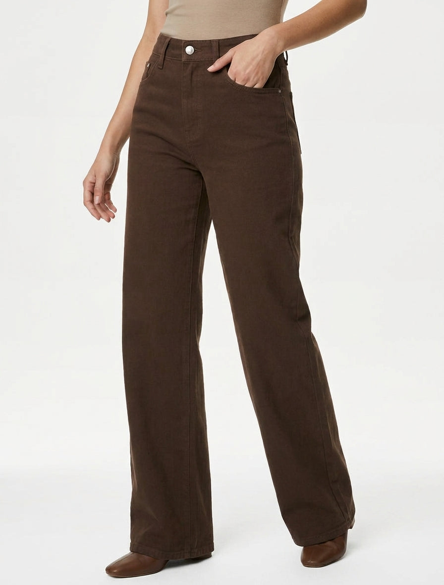 Jean wide leg à 5 poches - Marron