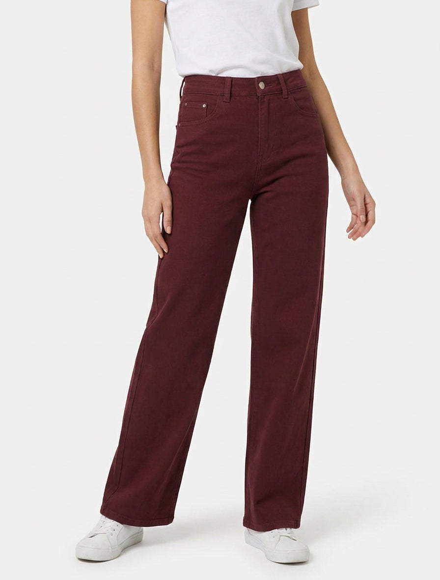 Jean wide leg 5 poches taille haute - Bordeaux