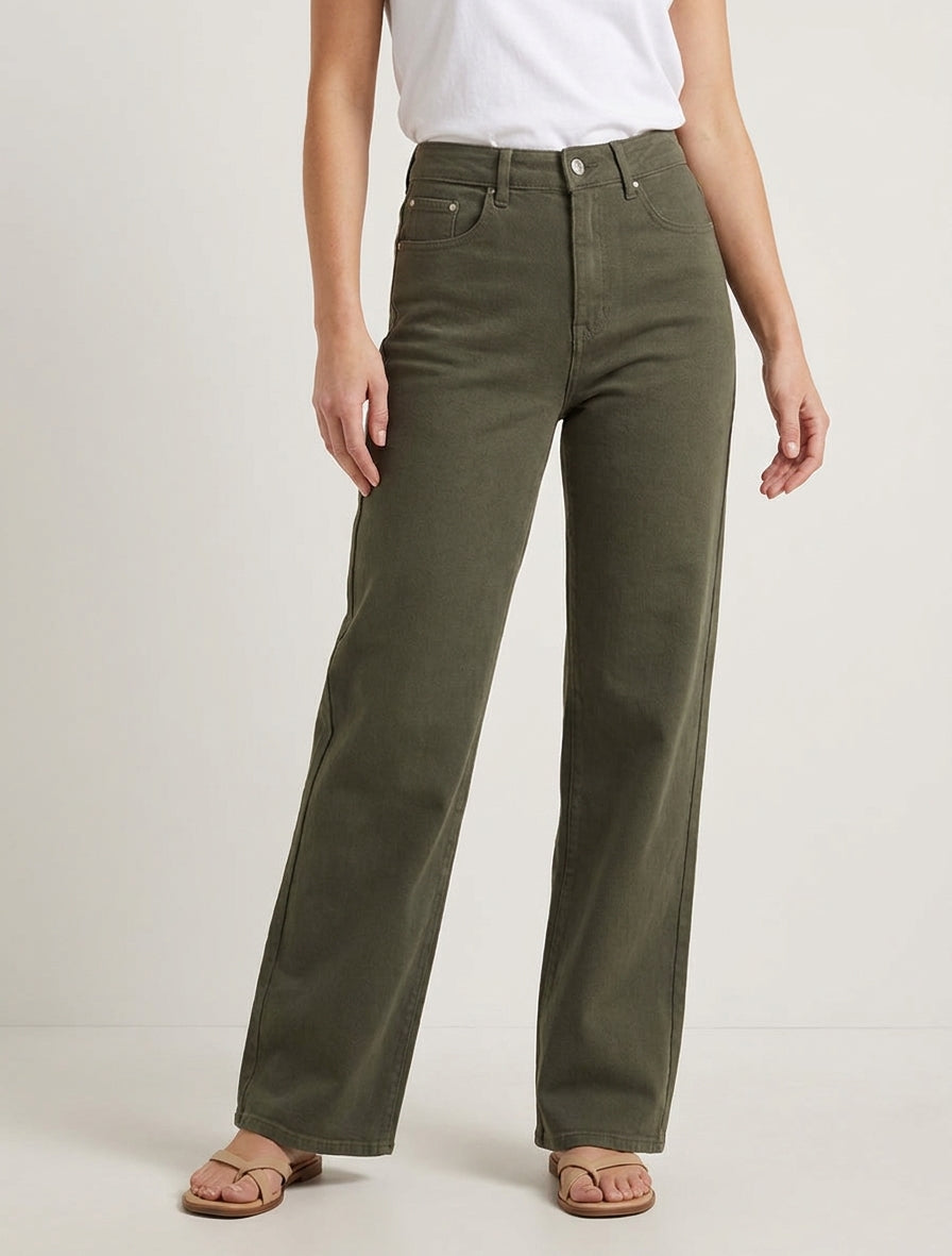Jean wide leg à 5 poches - Kaki