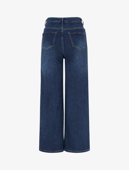 Jean wide leg délavé à poches à boutons décoratifs - Bleu - 2