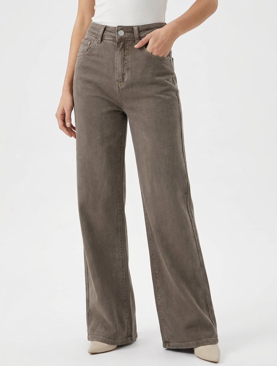 Jean wide leg taille haute - Taupe