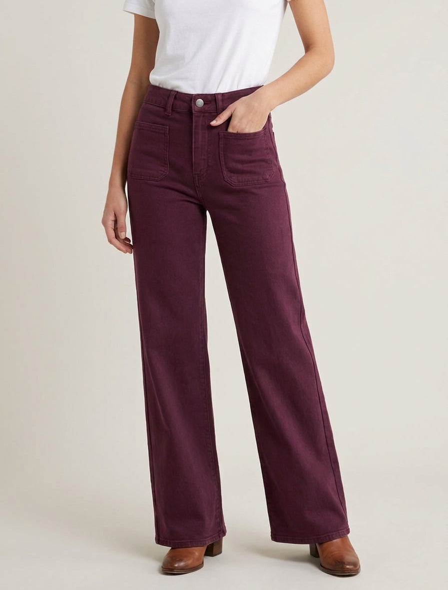 Jean wide leg taille haute - Lie de vin