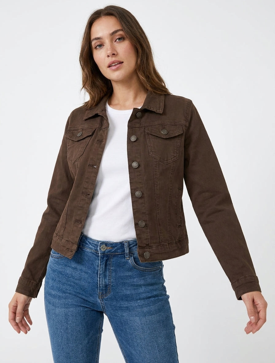 Veste en jean col à pied 4 poches - Marron