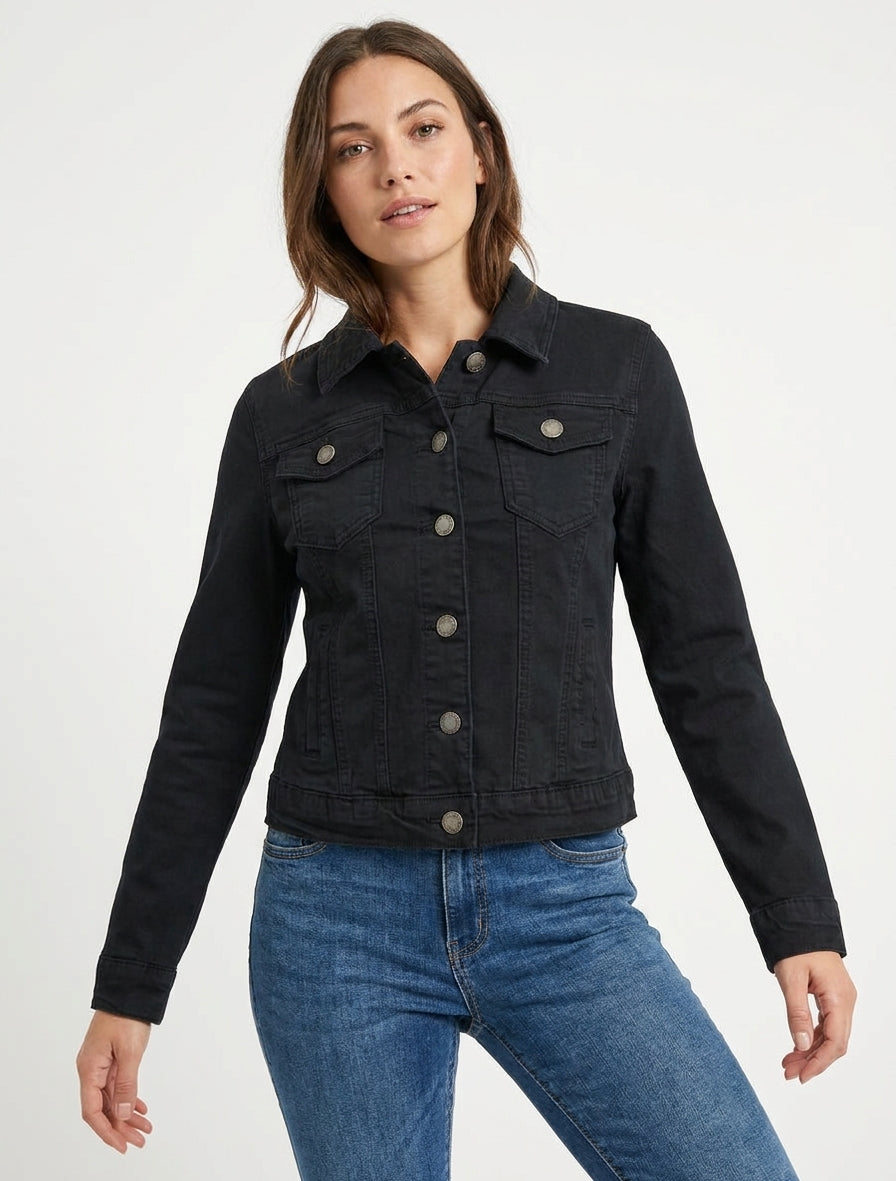 Veste en jean col à pied 4 poches - Noir