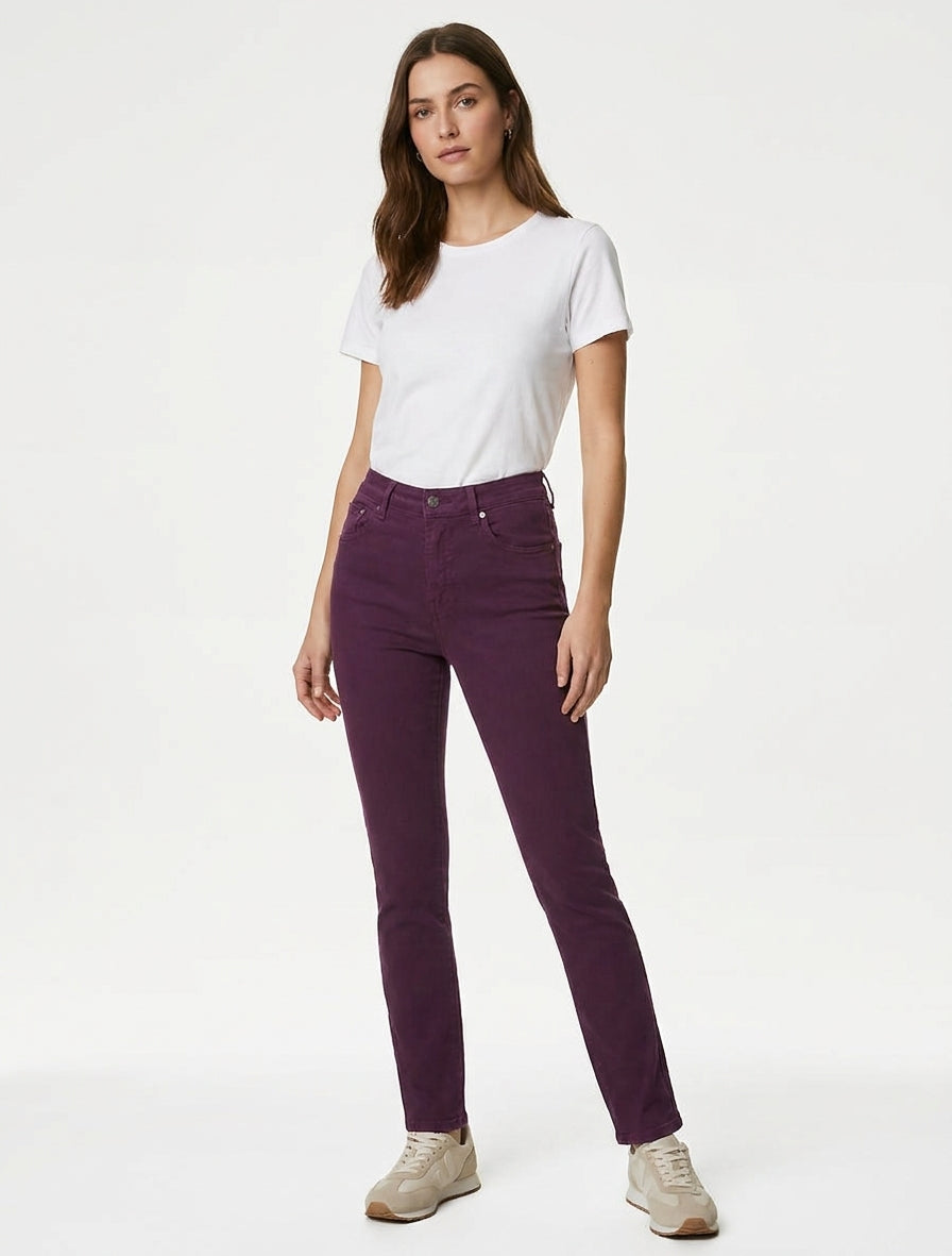Jean slim taille haute 5 poches - Prune