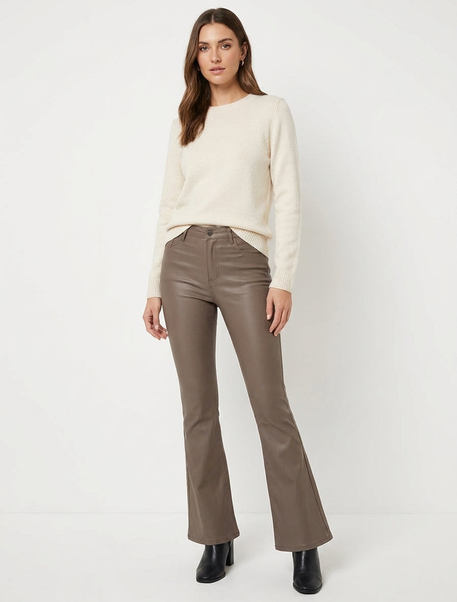 Pantalon flare en simili enduit - Taupe foncé