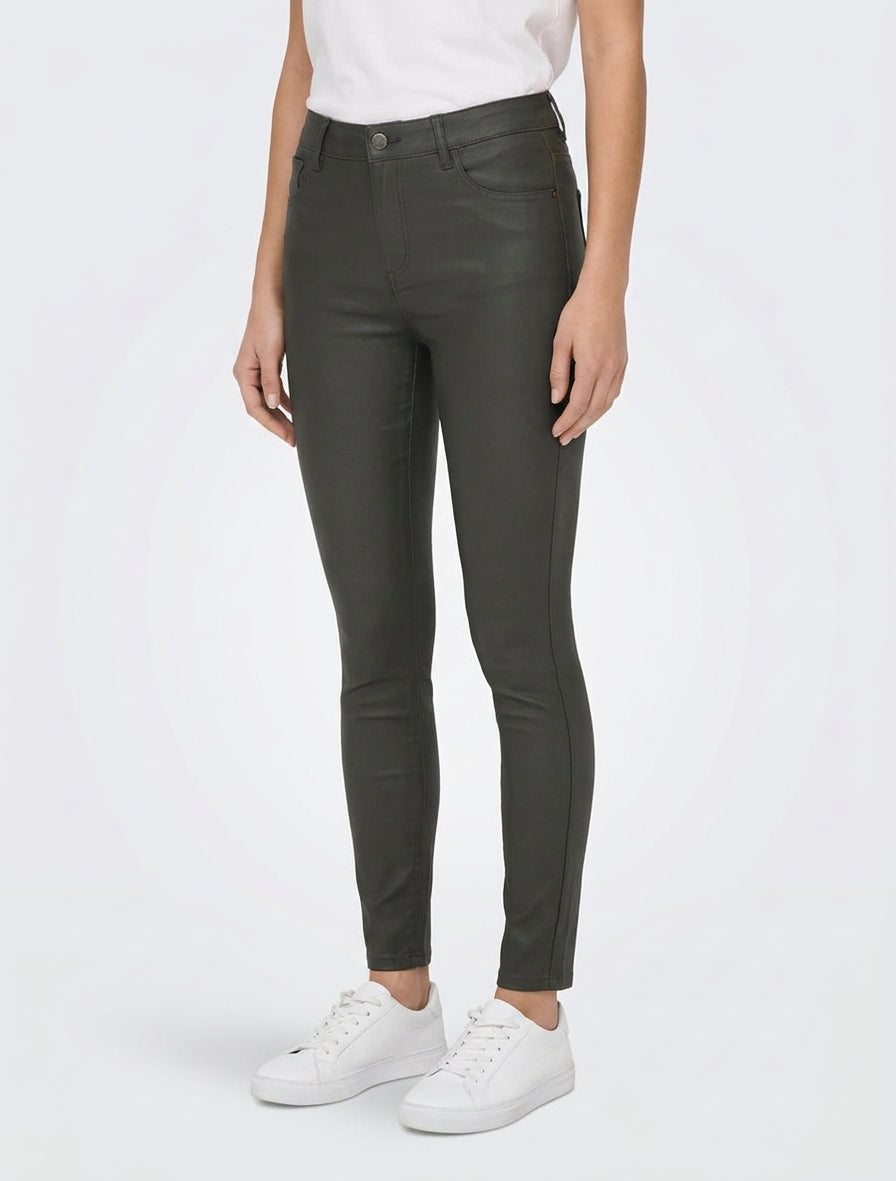 Pantalon slim 5 poches effet enduit - Kaki foncé