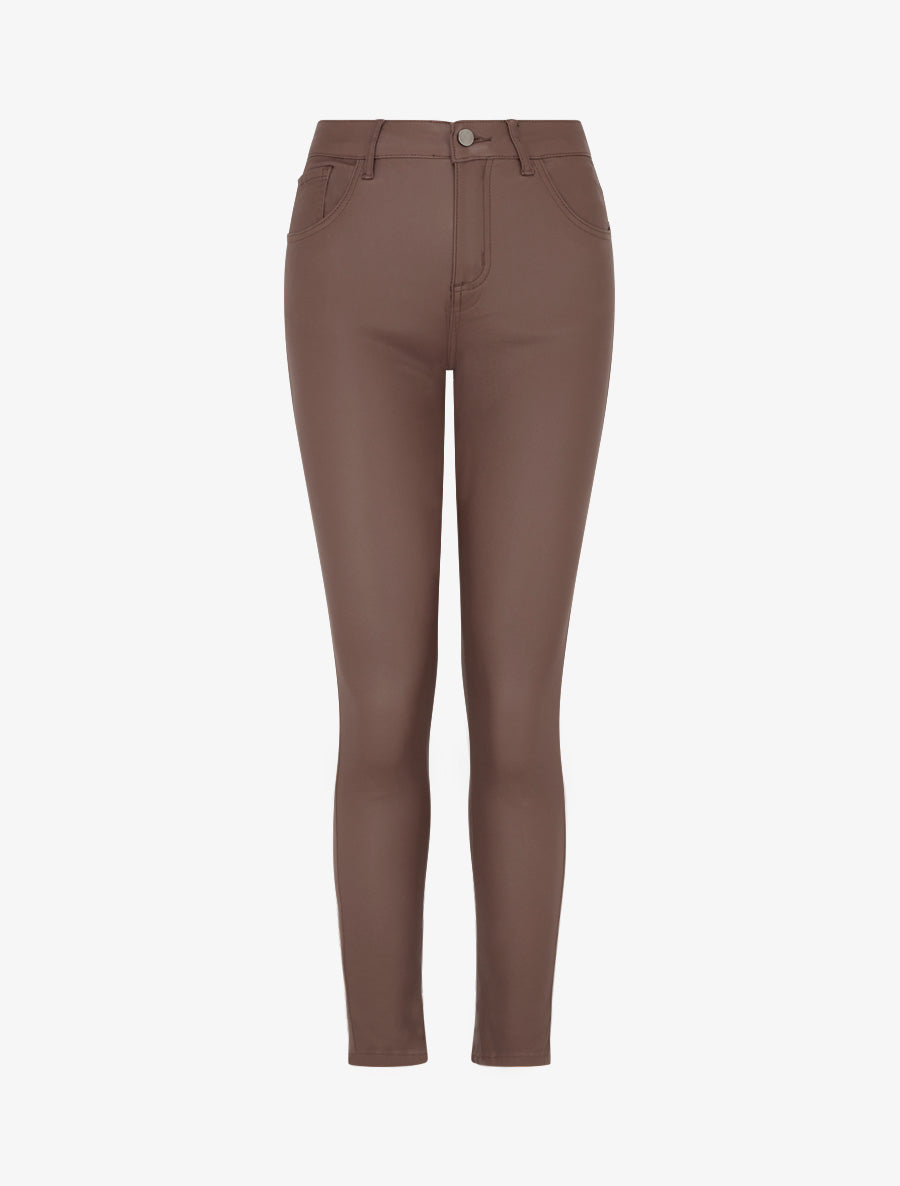 Pantalon slim en simili effet enduit - Marron - 1