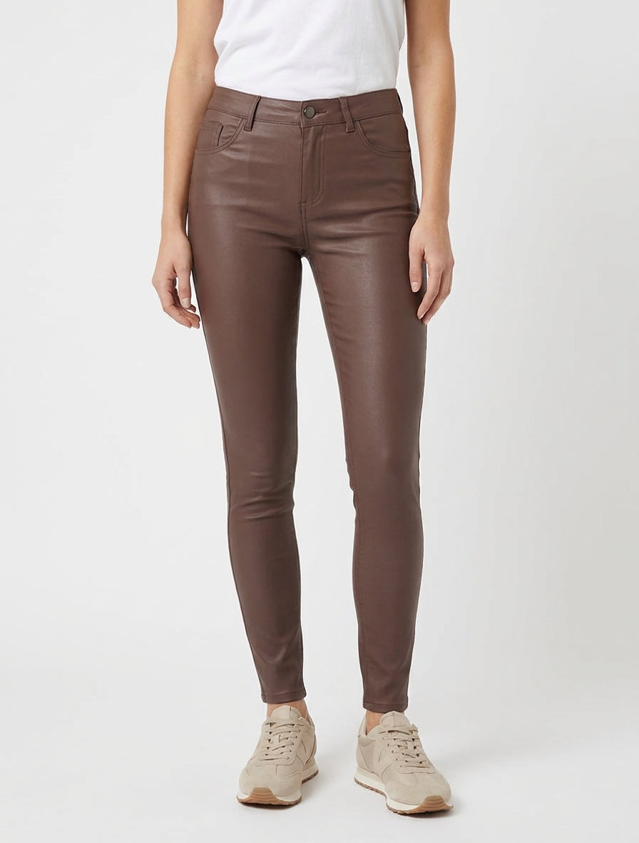 Pantalon slim effet enduit 5 poches - Marron