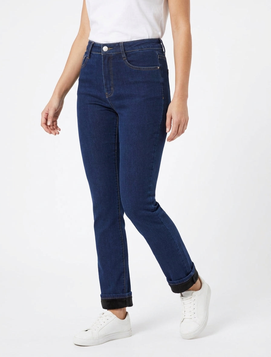 Jean droit taille haute doublé polaire - Bleu brut