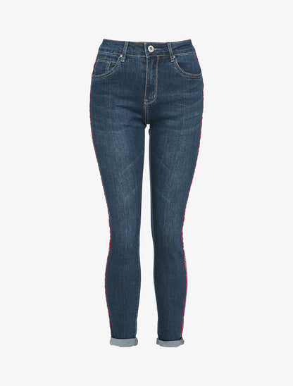 Jean slim à bandes contrastantes - Bleu denim - 1