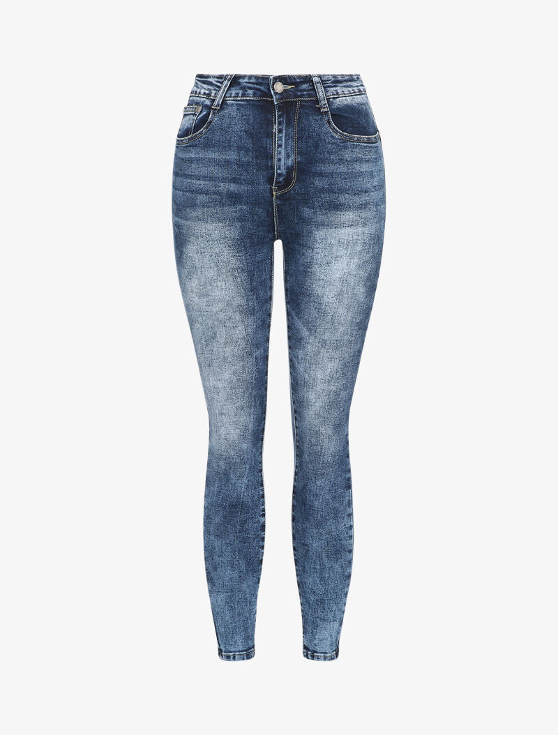 Jeans slim délavé à taille haute - Bleu - 3