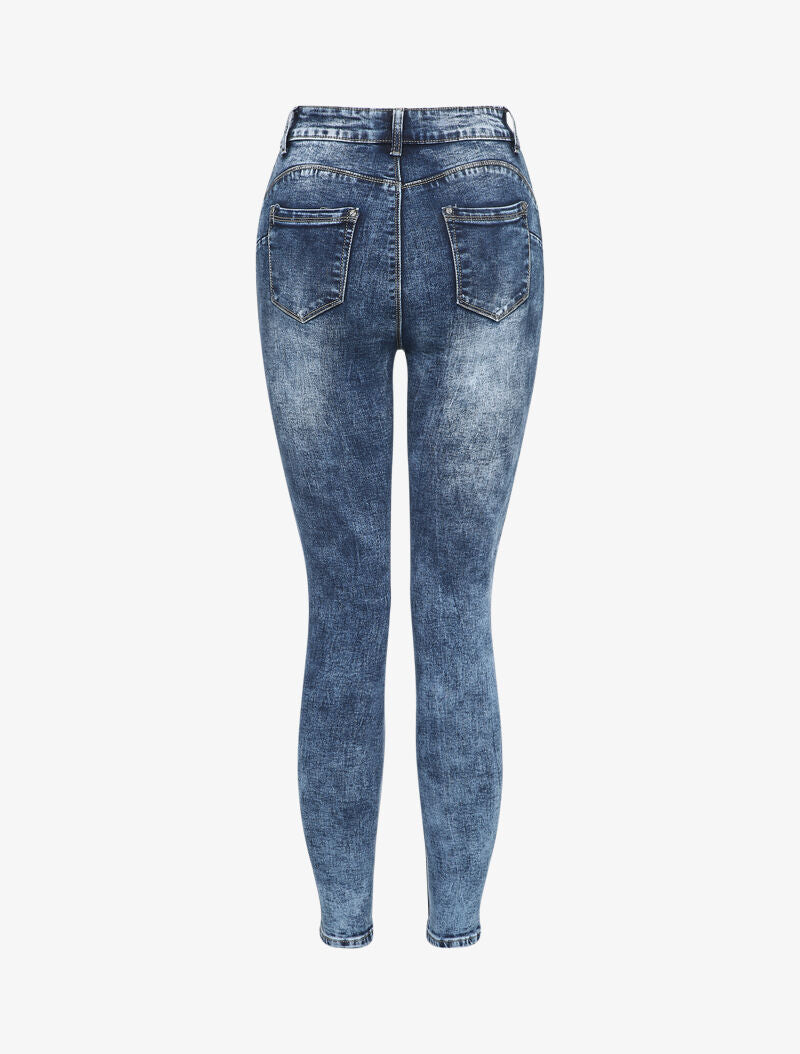Jeans slim délavé à taille haute - Bleu - 2