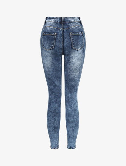 Jeans slim délavé à taille haute - Bleu - 2