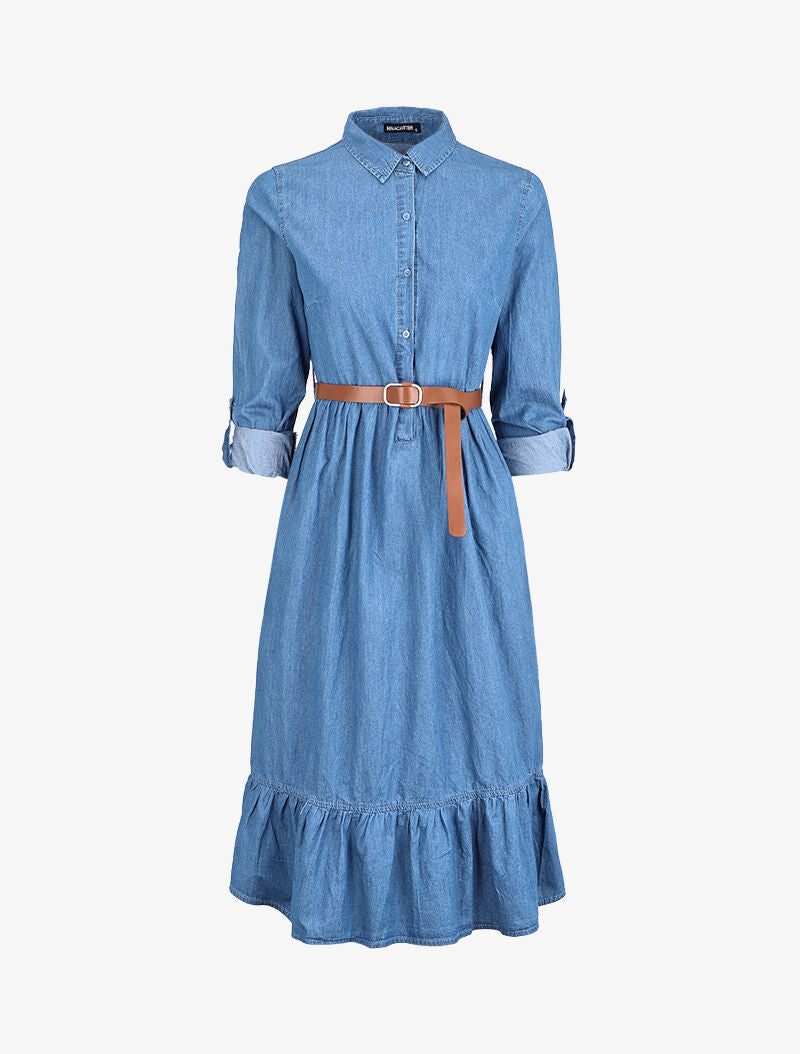 Robe longue volantée en jean - Bleu denim - 1