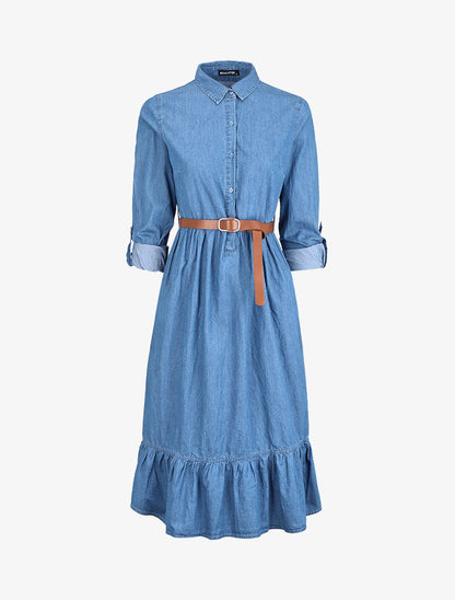 Robe longue volantée en jean - Bleu denim - 1