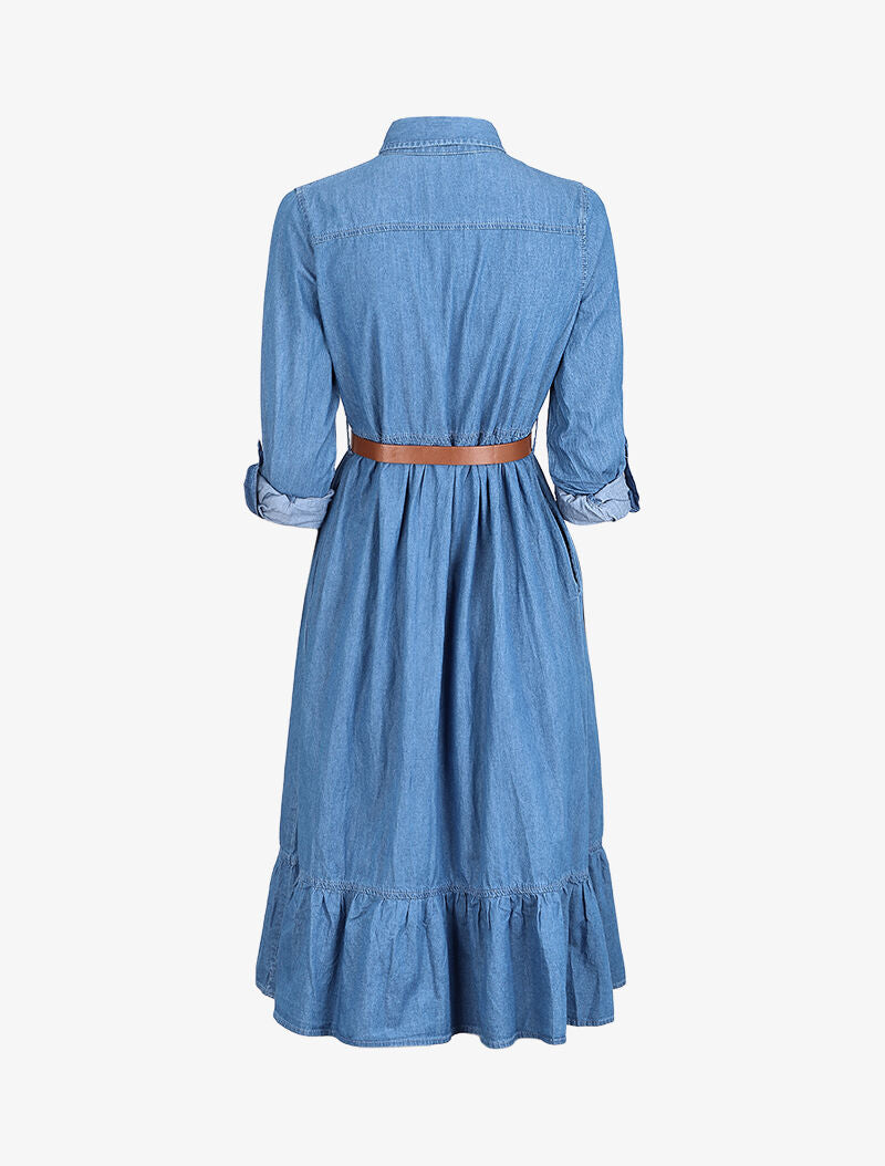 Robe longue volantée en jean - Bleu denim - 2