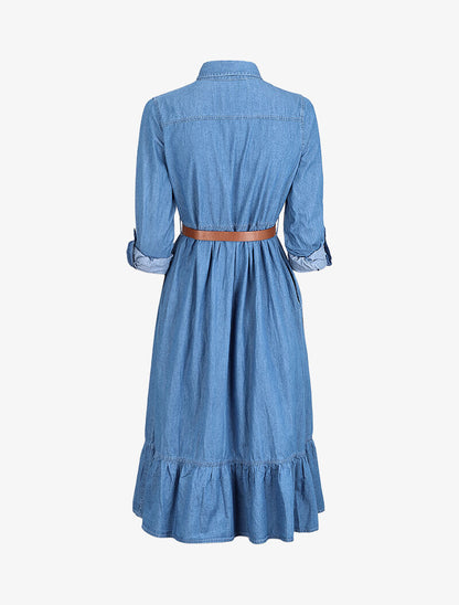 Robe longue volantée en jean - Bleu denim - 2