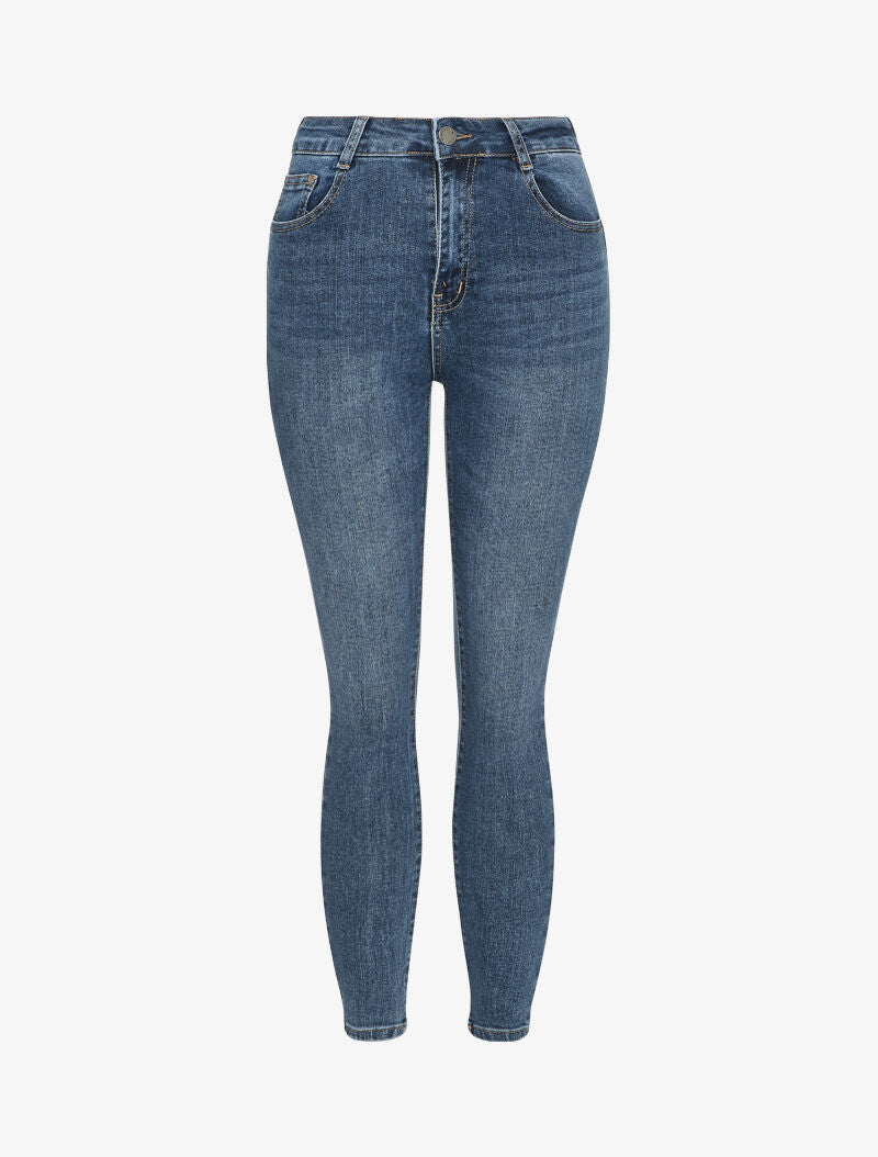 Jean stretch délavé taille haute - Bleu denim - 1