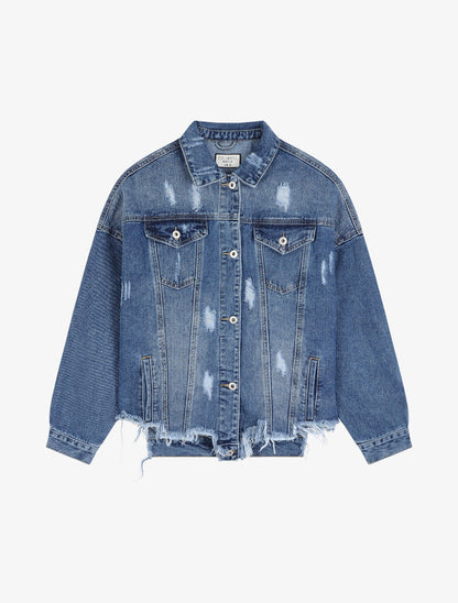 Veste en jean déchirée à bords coupe franche - Bleu denim - 1