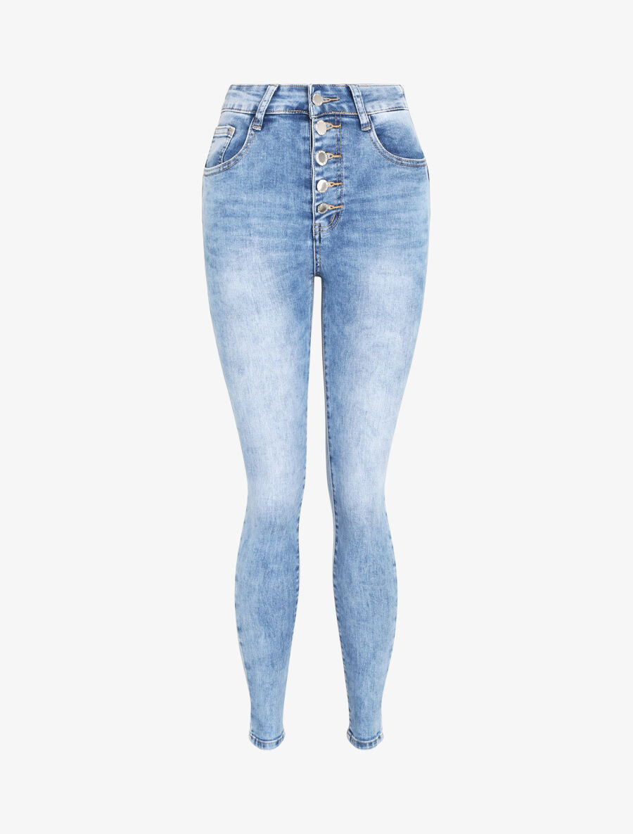 Jean push up délavé et boutonné - Bleu clair - 3