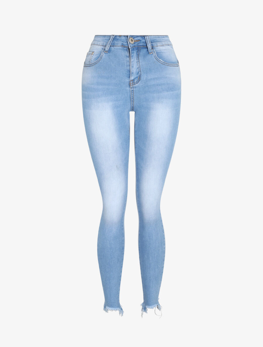 Jean push up délavé à bords coupe franche - Bleu clair - 1