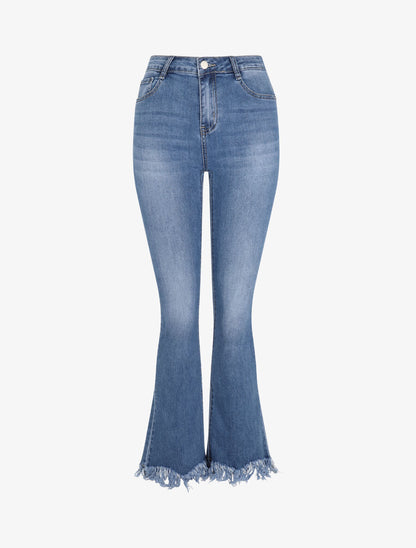 Jean flare à bords éffilochés - Bleu denim - 1