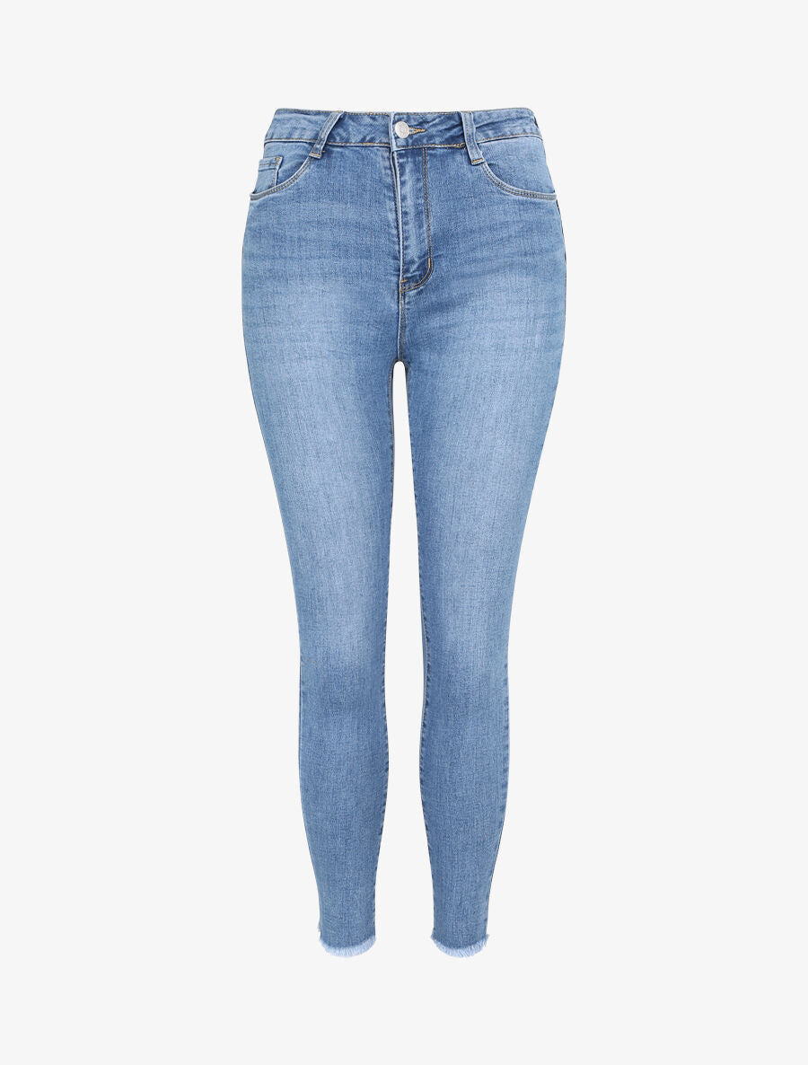 Jean push up skinny à bords effilochés - Bleu denim - 1
