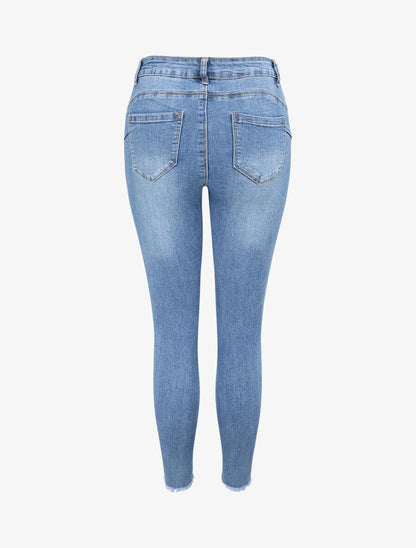 Jean push up skinny à bords effilochés - Bleu denim - 2