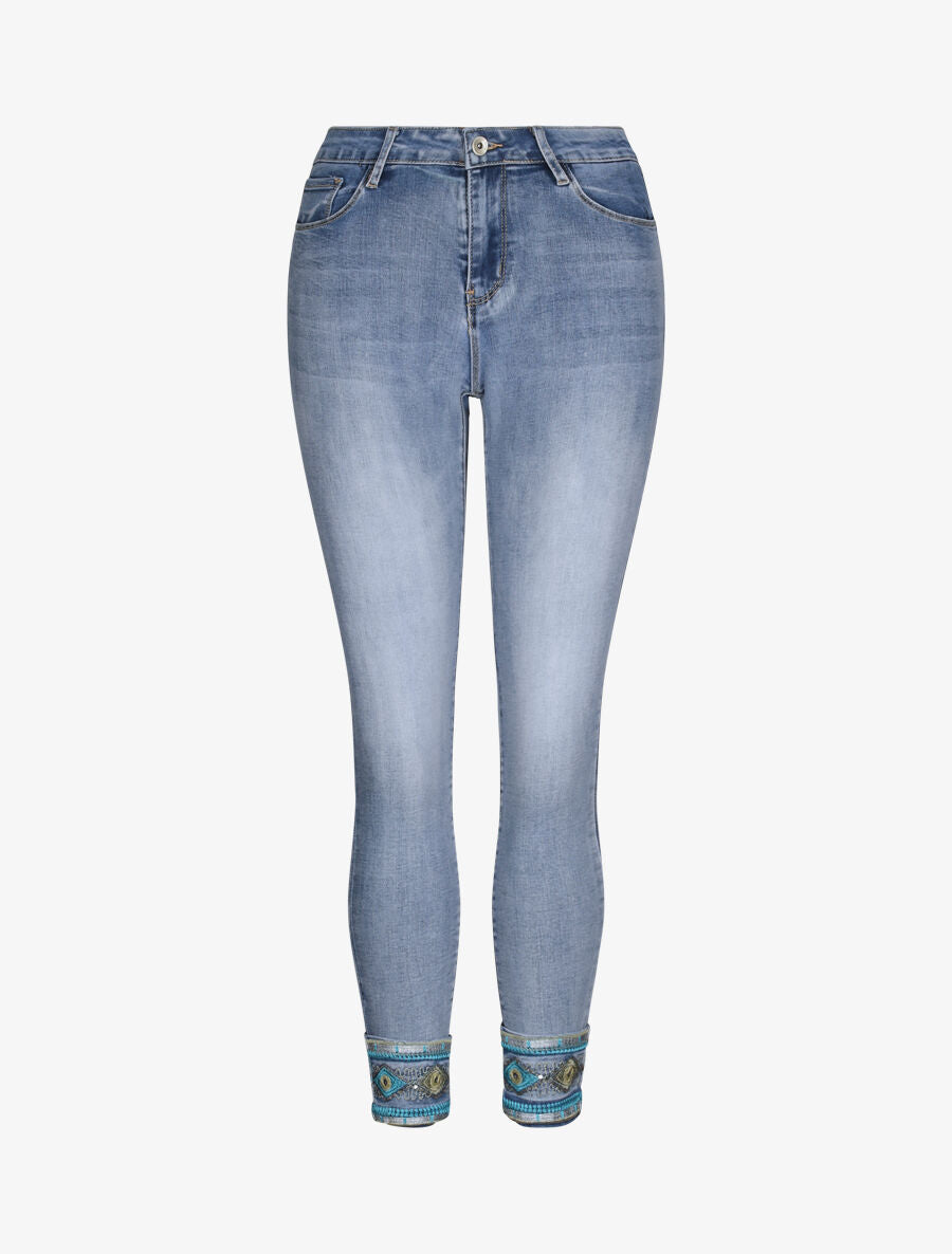 Jean slim à revers ornées de sequins style oriental - Bleu clair - 4