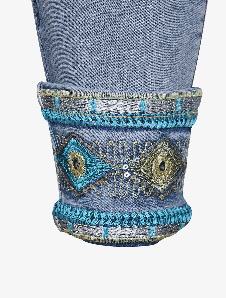Jean slim à revers ornées de sequins style oriental - Bleu clair - 3
