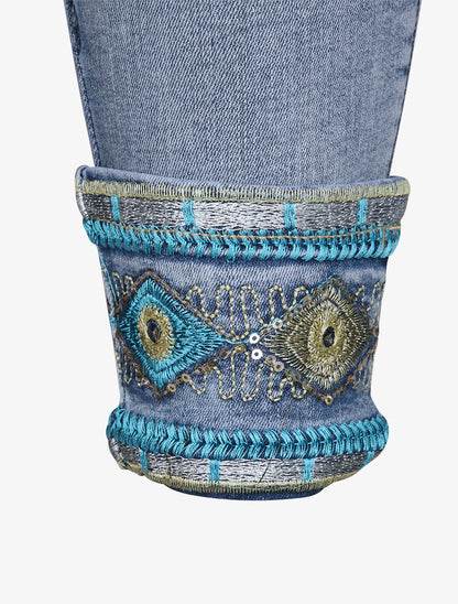 Jean slim à revers ornées de sequins style oriental - Bleu clair - 3