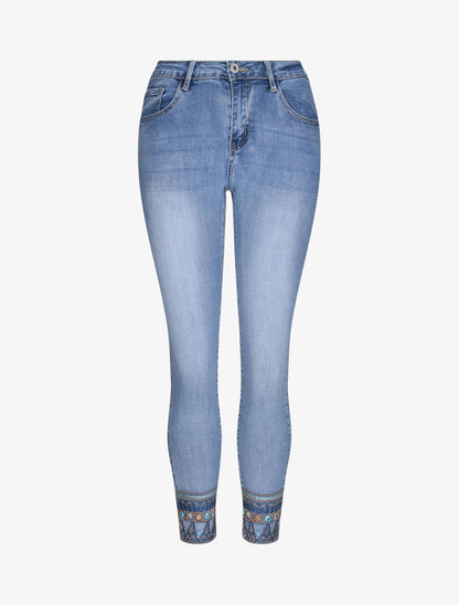 Jean 7/8 à bords ornés de broderies - Bleu denim - 4