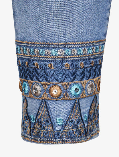 Jean 7/8 à bords ornés de broderies - Bleu denim - 3