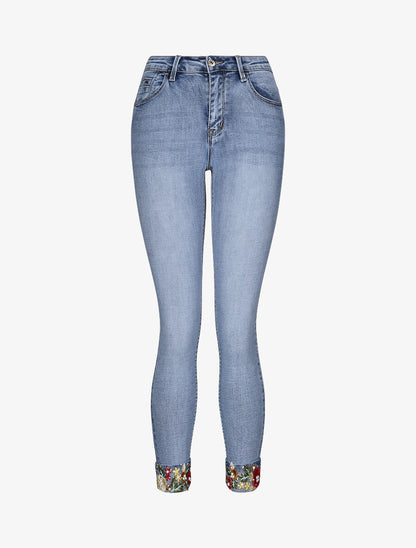 Jean slim à revers orné de broderies - Bleu clair - 1