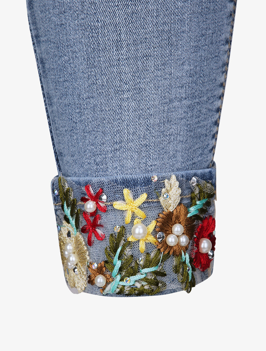 Jean slim à revers orné de broderies - Bleu clair - 3