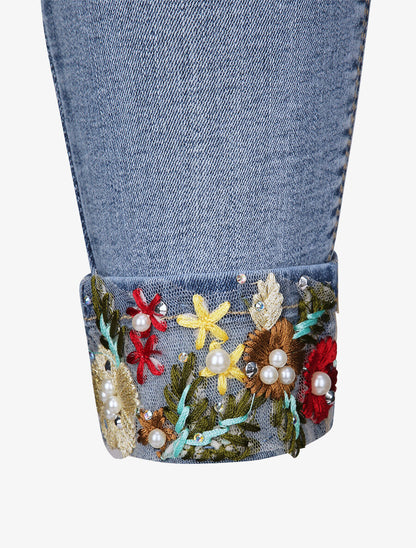 Jean slim à revers orné de broderies - Bleu clair - 3