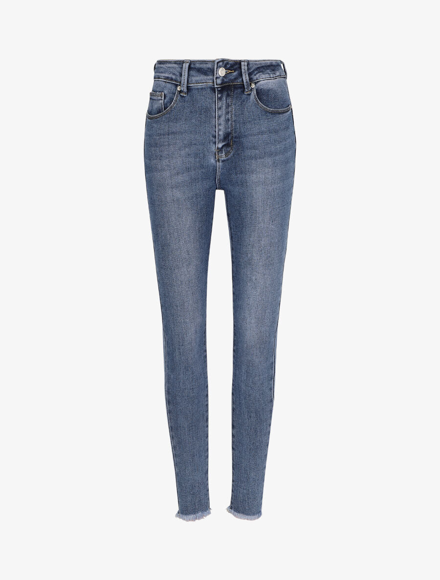 Jean skinny push up à bords coupe franche - Bleu - 1