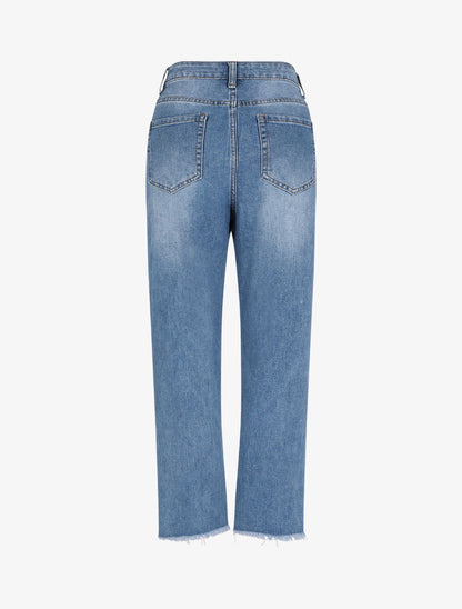 Jean mom fit à bas effiloché - Bleu denim - 2