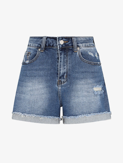 Short en jean à ourlets effilochés - Bleu denim - 2