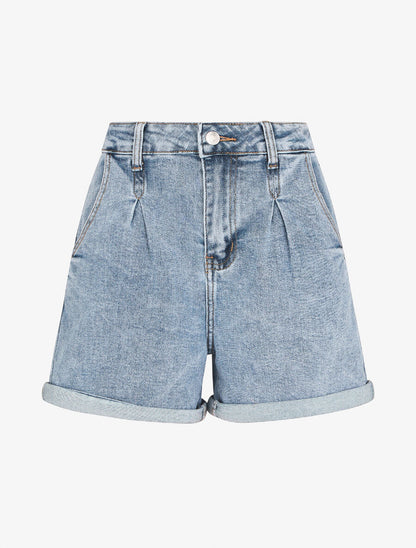 Mini short droit à revers - Bleu denim - 2