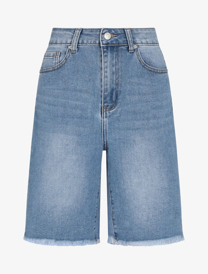 Bermuda uni à bord effilochés - Bleu denim - 4