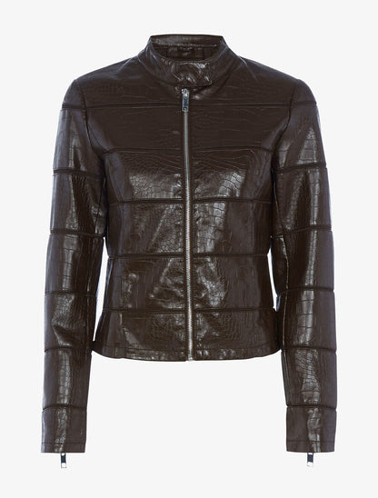 Veste effet croco à coutures ajourées - Marron foncé - 1
