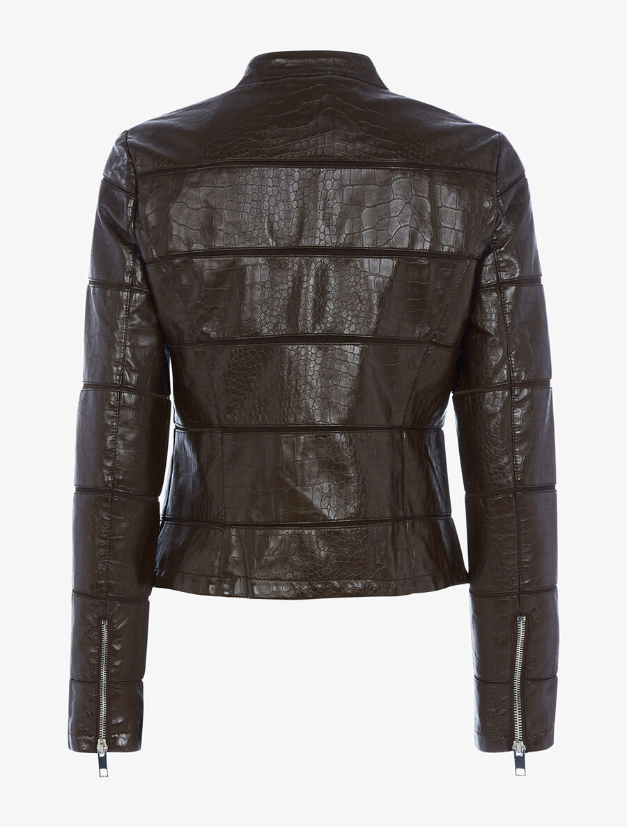 Veste effet croco à coutures ajourées - Marron foncé - 2