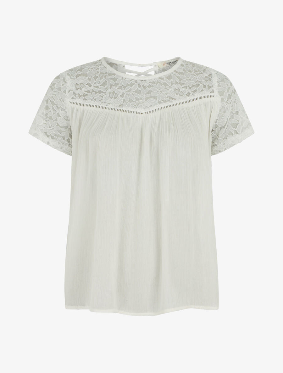 Top uni en voile et dentelle - Blanc - 1