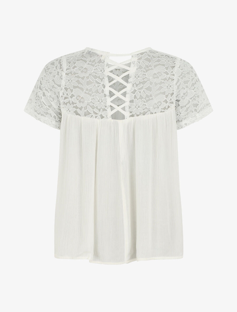 Top uni en voile et dentelle - Blanc - 2