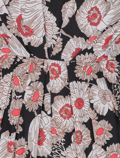 Robe à fleurs et col V - Noir/rouge - 3