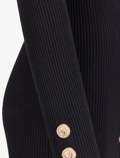 Robe pull mi-longue et côtelée à boutons décoratifs - Noir - 3